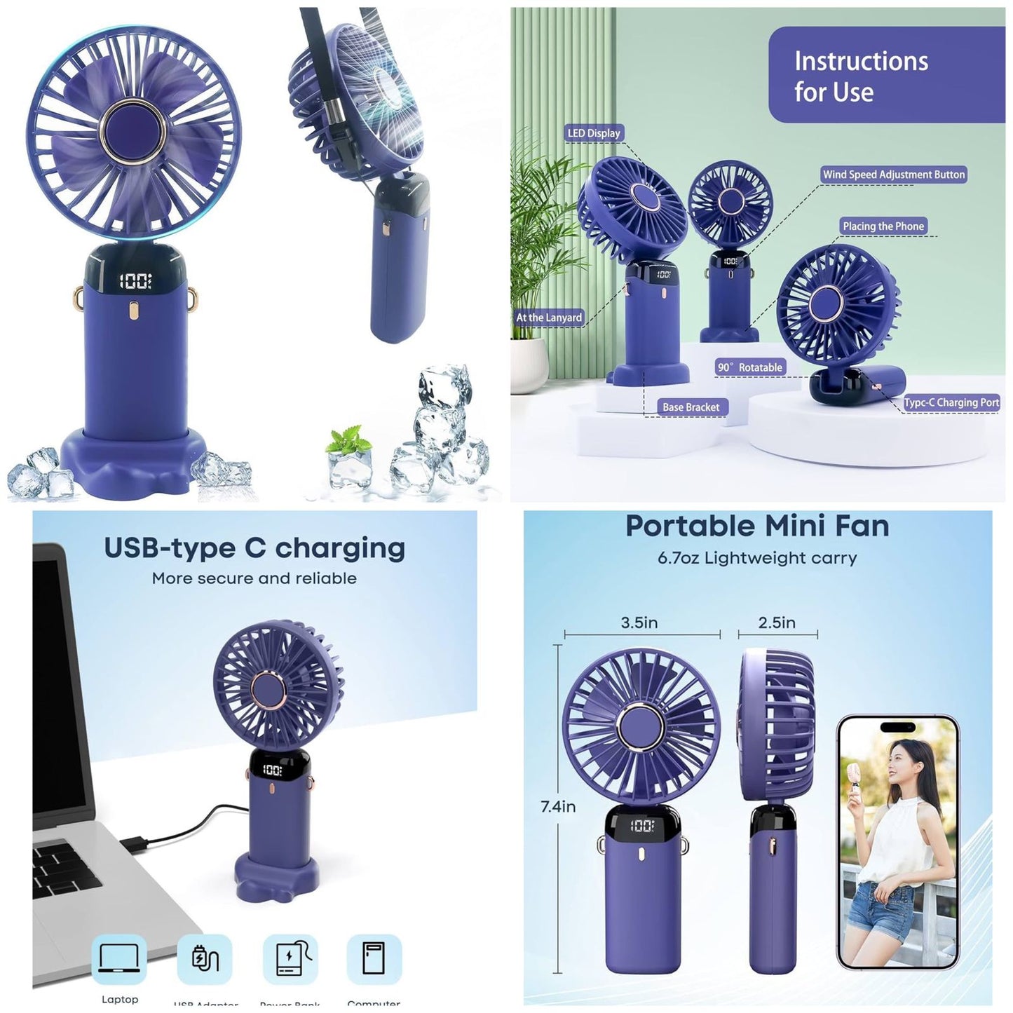 Digital Foldable 5 Speed Rechargeable Fan Phone Stand With Display Screen