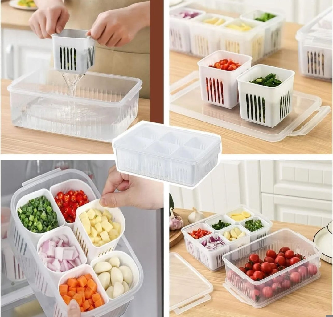 6-In-1 Kitchen Storage Box, Reusable Refrigerator Fruit, Food Fresh-Keeping Drain Box fresh-Keeping Box Food Container