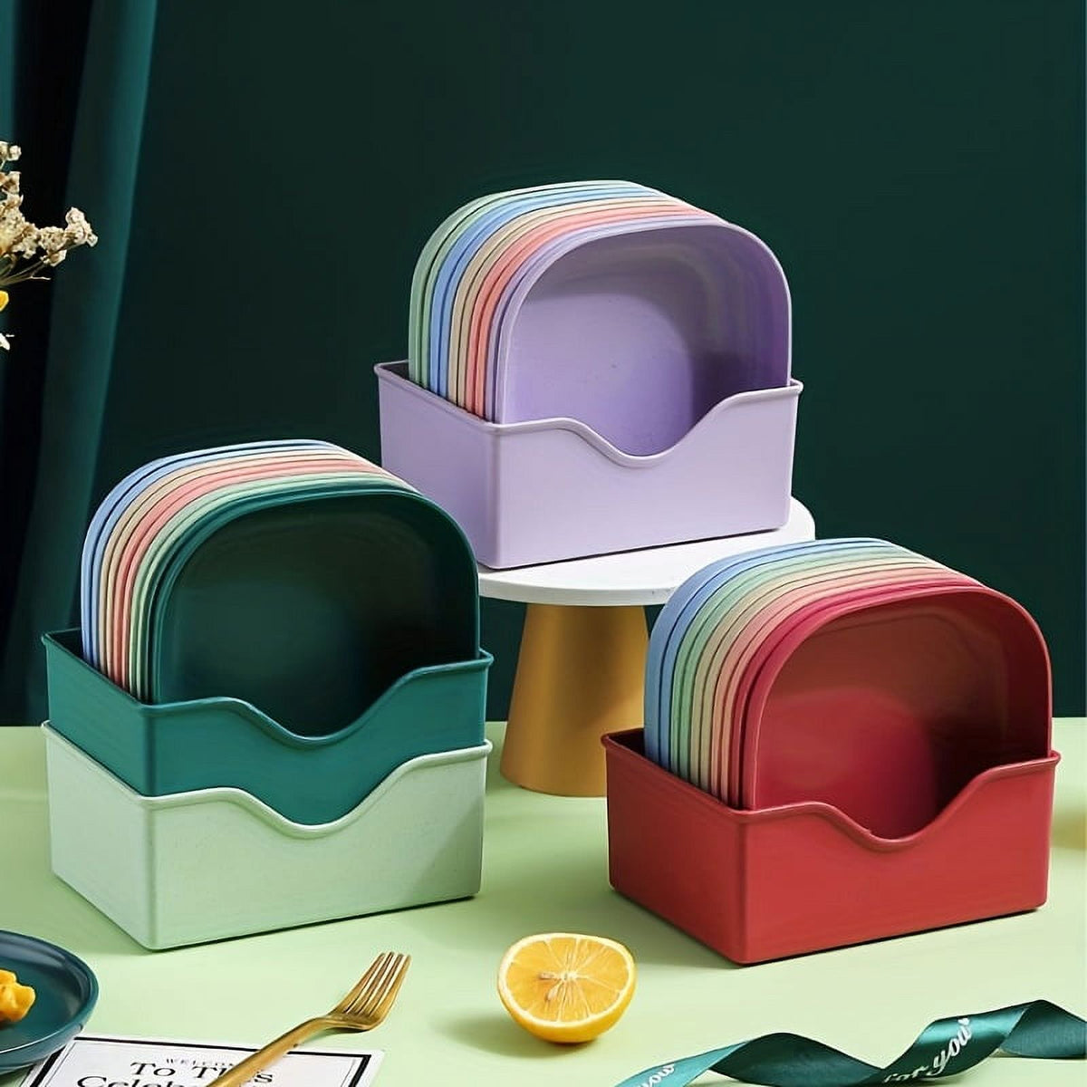 10 Pcs Reusable Snack Plate Set with Stand – Food Grade Plastic Dining Side Plates
