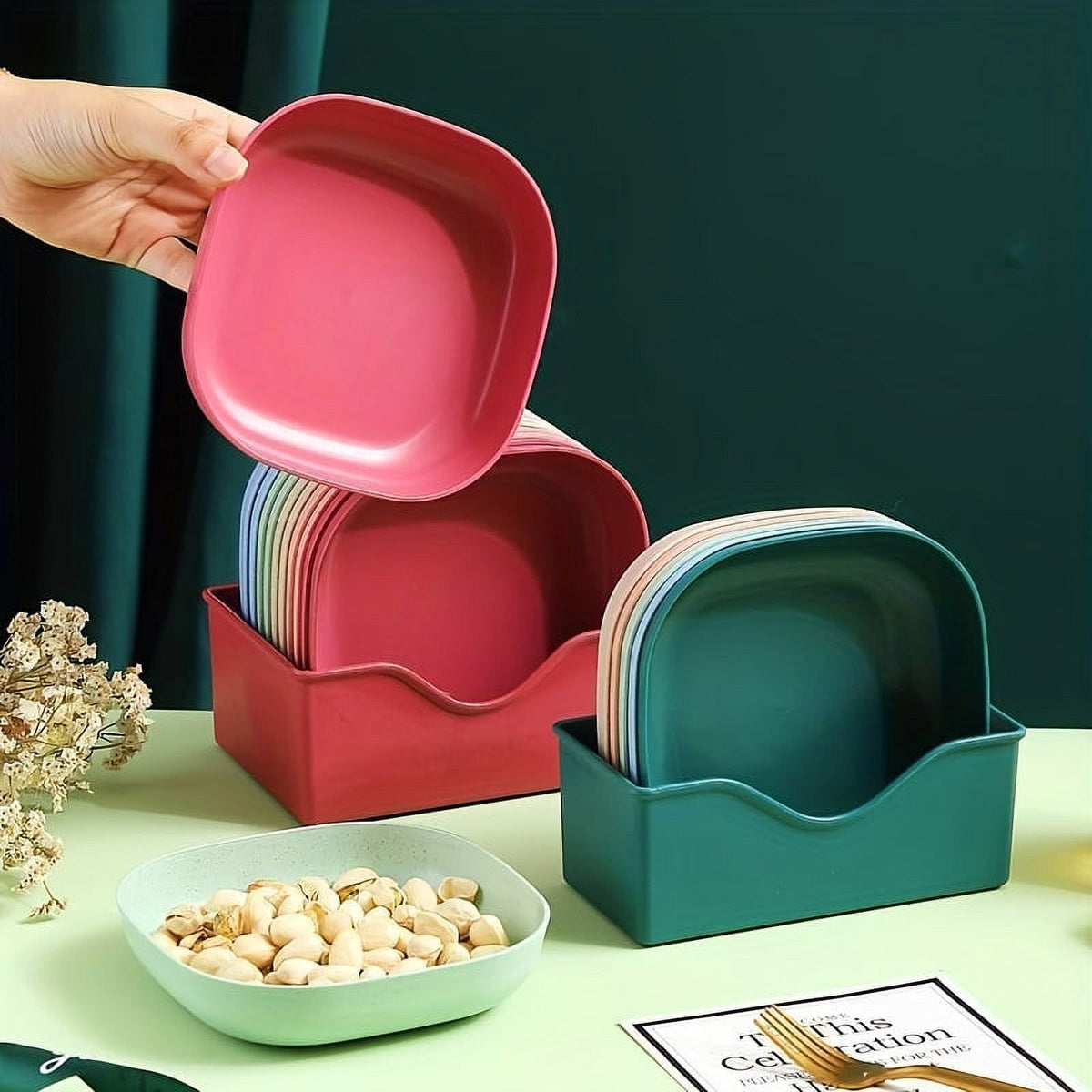 10 Pcs Reusable Snack Plate Set with Stand – Food Grade Plastic Dining Side Plates