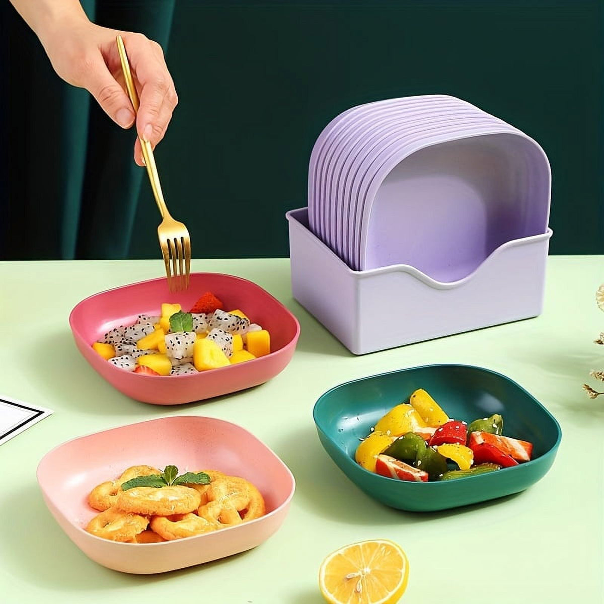 10 Pcs Reusable Snack Plate Set with Stand – Food Grade Plastic Dining Side Plates
