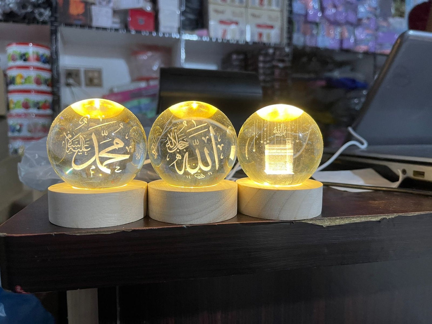 3D Crystal Galaxy Ball Night Lamp with Wooden Base (6cm) - Solar System - Moon - Earth - Heart Cloud - Crescent -Moon Walk