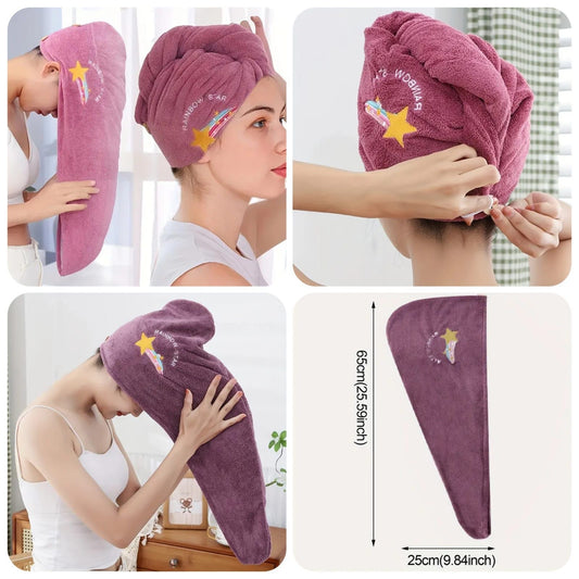 1pc Ultra-Absorbent Coral Fleece Hair Towel Cap with Embroidered Rainbow & Starfish Design - Quick-Drying, Thick Shower Cap for Women, Soft Polyester, Modern Bathroom Accessory