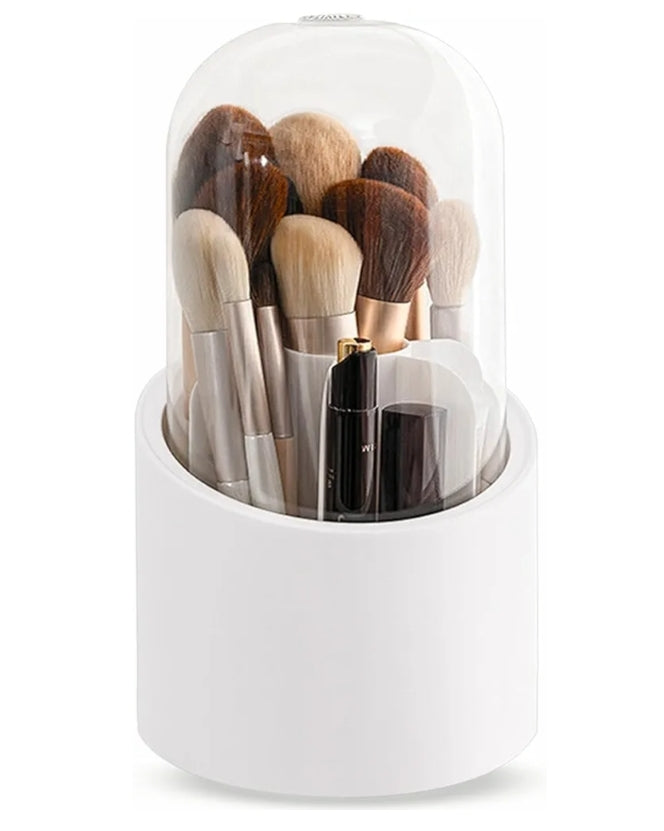 360° Rotating Cosmetic Makeup Brush Holder with Transparent Dustproof Lid – Acrylic Pink Spinning Organiser