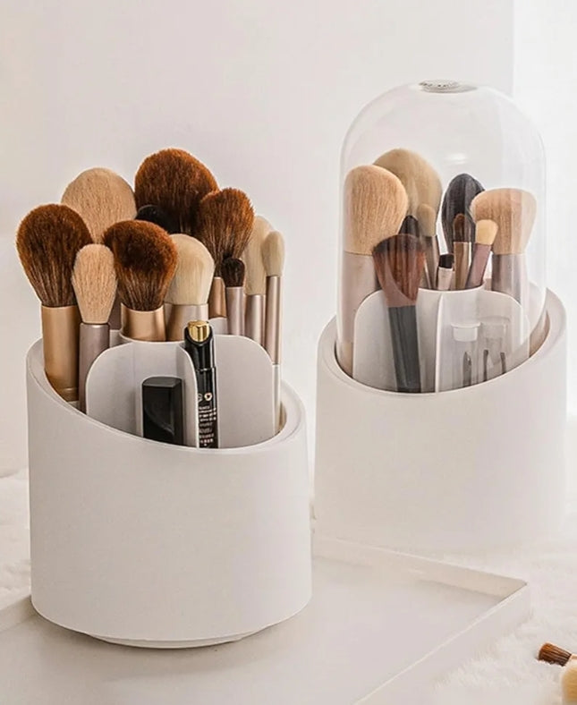 360° Rotating Cosmetic Makeup Brush Holder with Transparent Dustproof Lid – Acrylic Pink Spinning Organiser