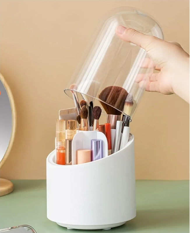 360° Rotating Cosmetic Makeup Brush Holder with Transparent Dustproof Lid – Acrylic Pink Spinning Organiser