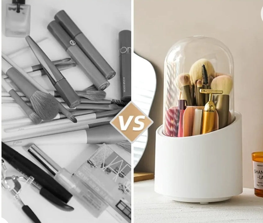 360° Rotating Cosmetic Makeup Brush Holder with Transparent Dustproof Lid – Acrylic Pink Spinning Organiser