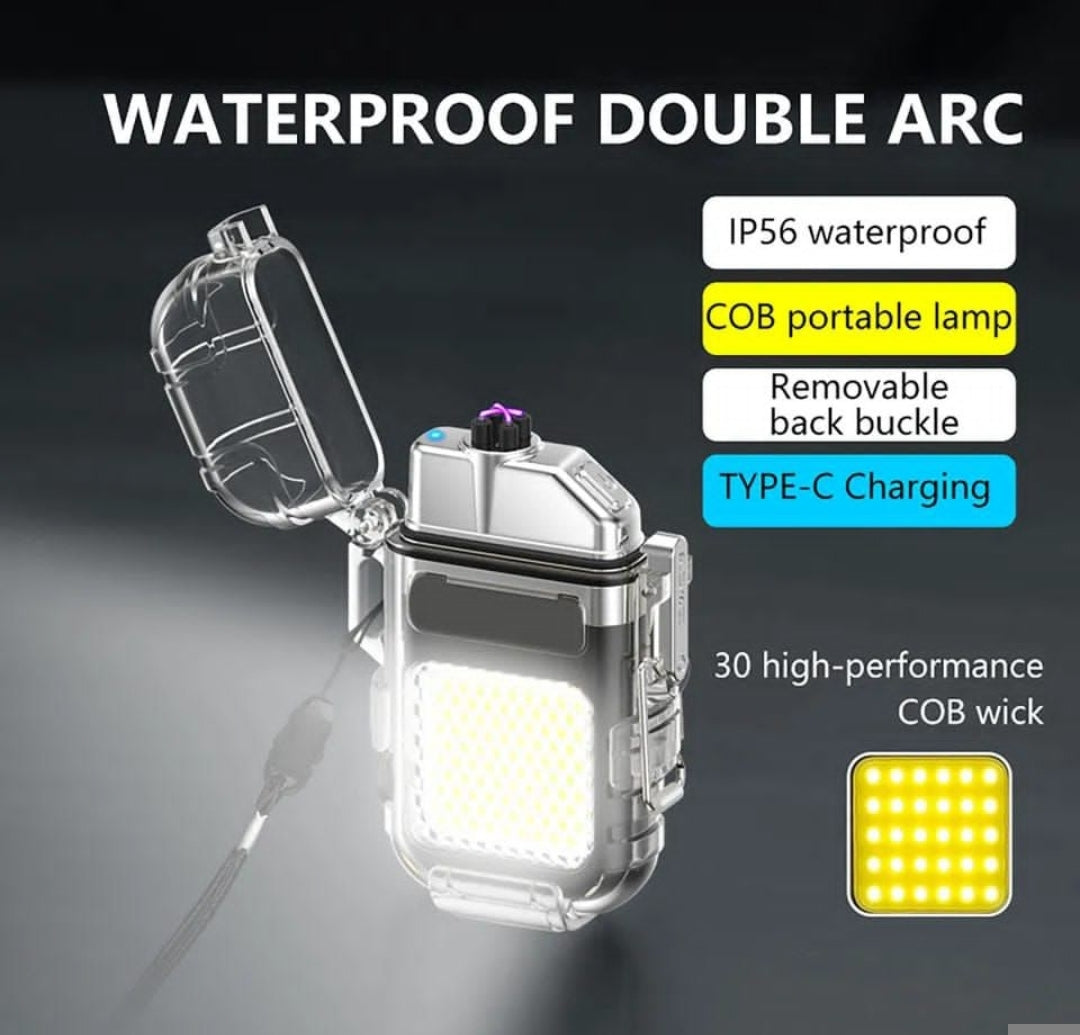 *Electric 50W cob light with Lighter USB Rechargeable Dual Arc Lighters, Cool Plasma Lighter with Waterproof Transparent Shell, 3 Modes COB Flashlight and Detachable Pocket Clip for EDC Outdoor Camping Survival