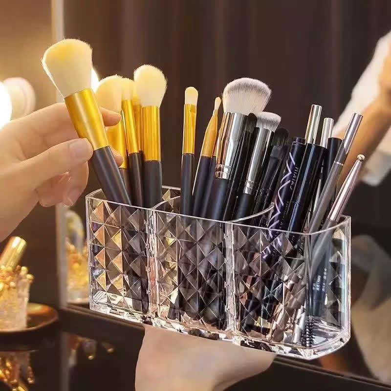 acrylic 3-compartment makeup brush organizer