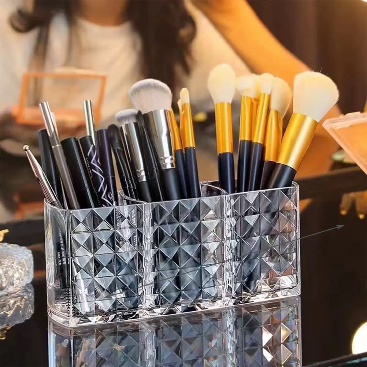 acrylic 3-compartment makeup brush organizer