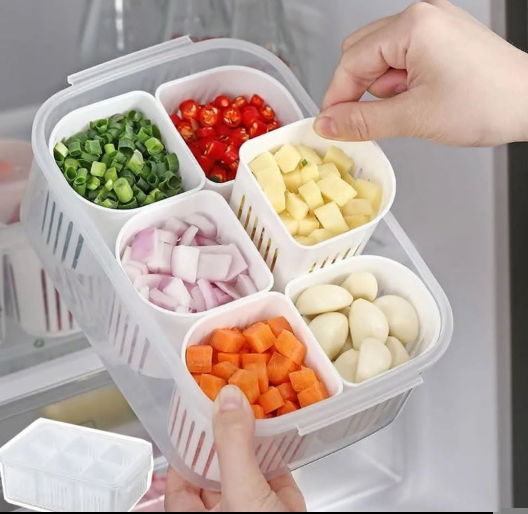 6-In-1 Kitchen Storage Box, Reusable Refrigerator Fruit, Food Fresh-Keeping Drain Box  fresh-Keeping Box Food Container