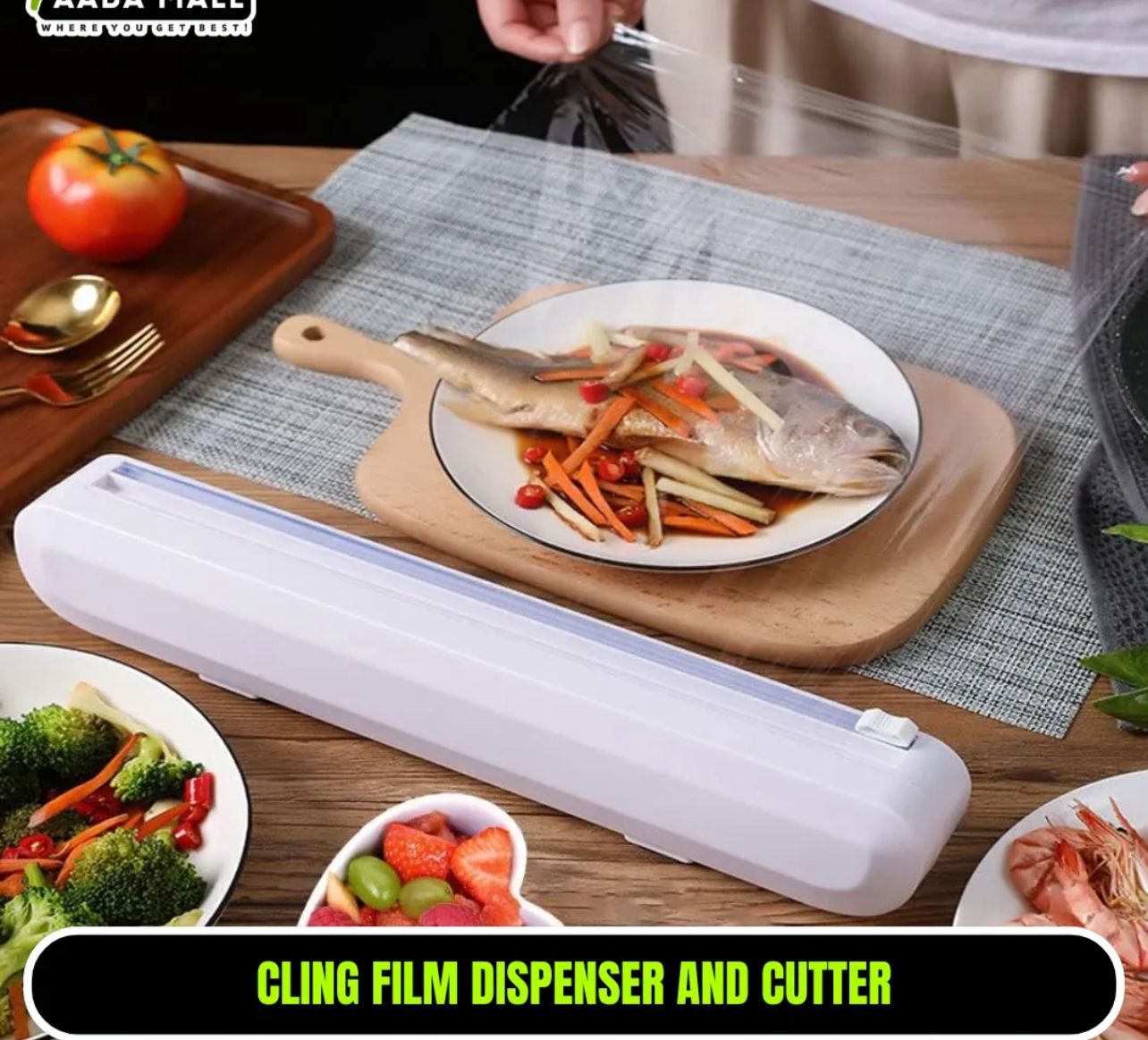 Cling Film Dispenser and Cutter,Foil Dispenser for Plastic Food Wrap Holder with Slide Cutter and 1* BPA Free Plastic Wrap Cling Film Refill Easy to Wrap and Cut for Home and Kitchen