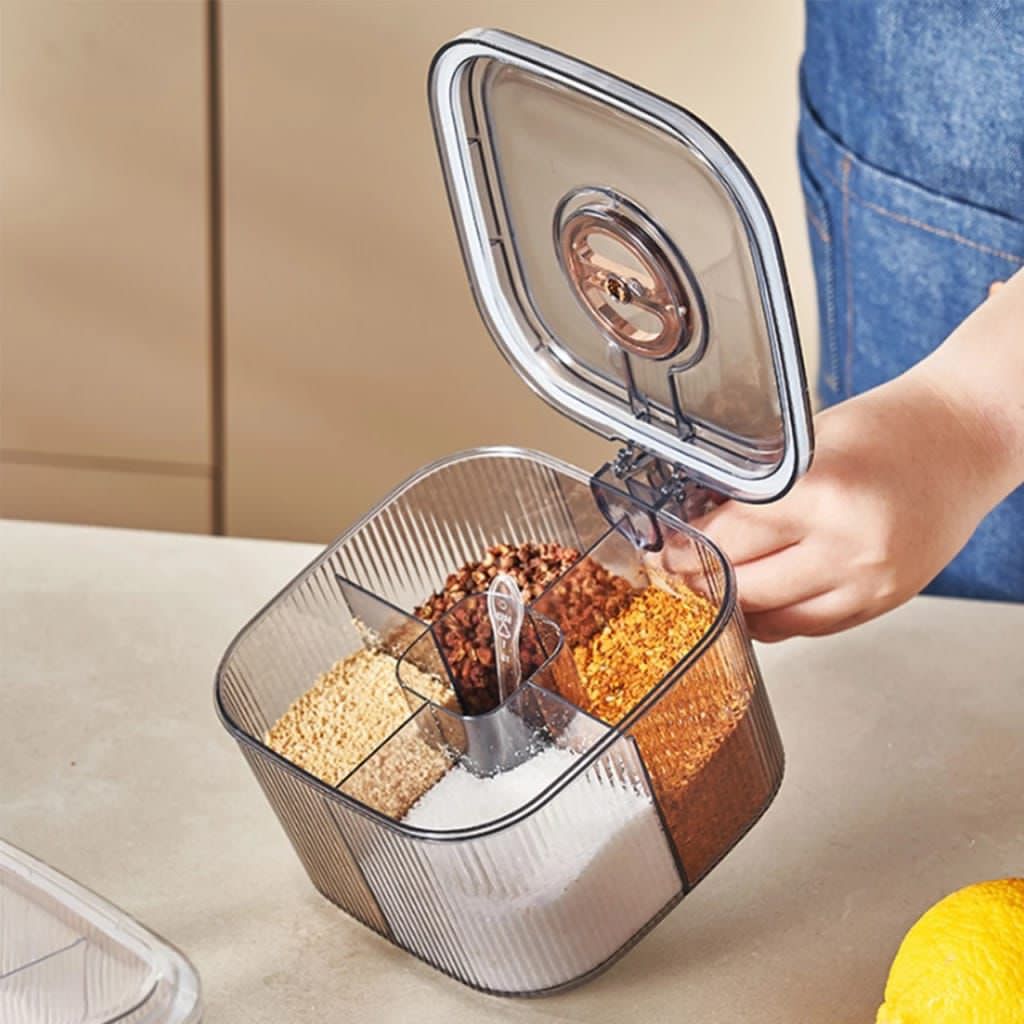 Kitchen Spice Box, 4 Compartments Clear Seasoning Box with Lid and Serving Spoons