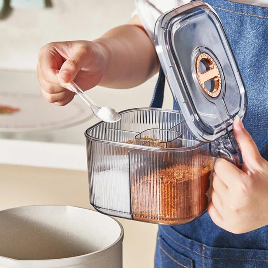 Kitchen Spice Box, 4 Compartments Clear Seasoning Box with Lid and Serving Spoons