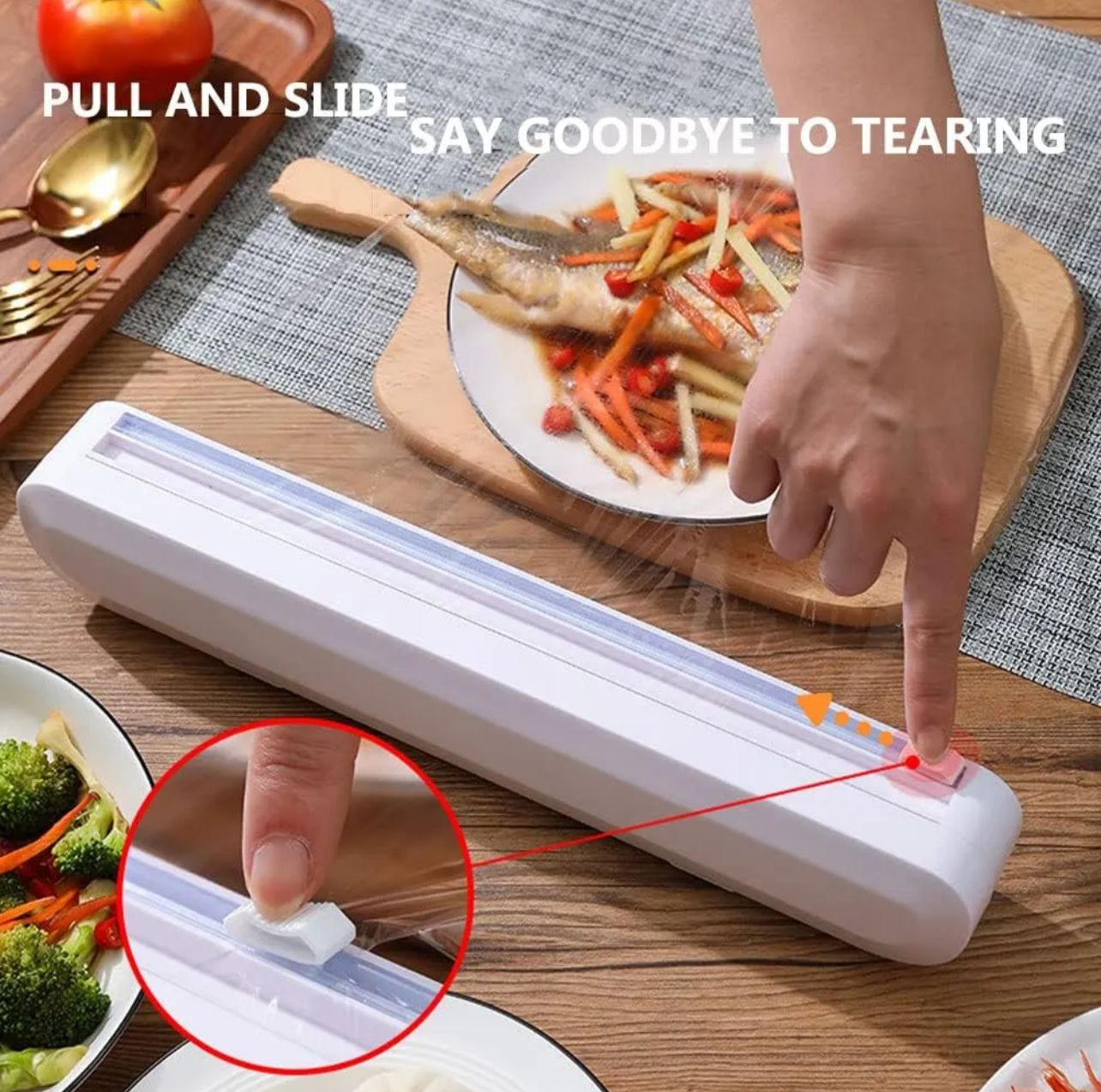 Cling Film Dispenser and Cutter,Foil Dispenser for Plastic Food Wrap Holder with Slide Cutter and 1* BPA Free Plastic Wrap Cling Film Refill Easy to Wrap and Cut for Home and Kitchen
